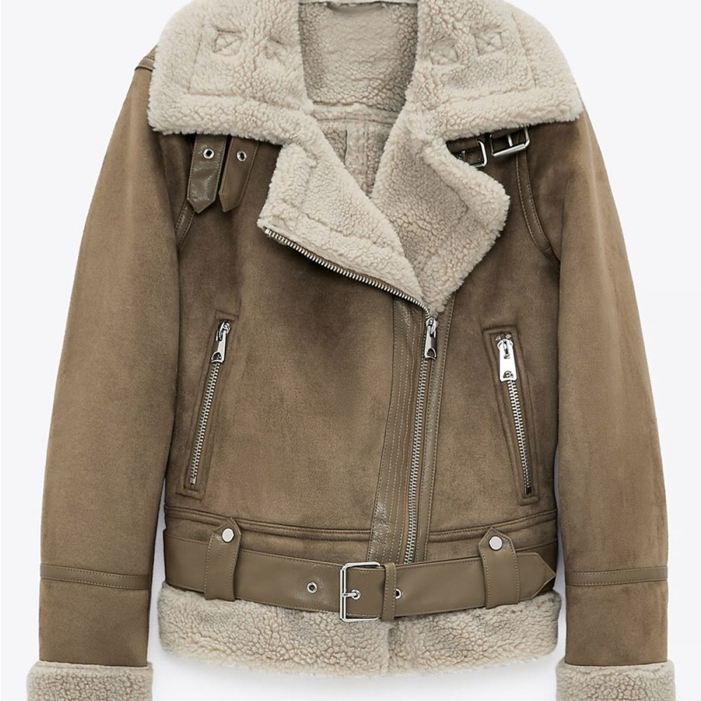 Zara Beige Shearling Sherpa Lined Faux Suede Jacket